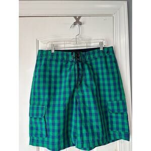 Nautica Swim Trunks Men's 36 Green Plaid Swimwear Cargo Drawstring Board Shorts